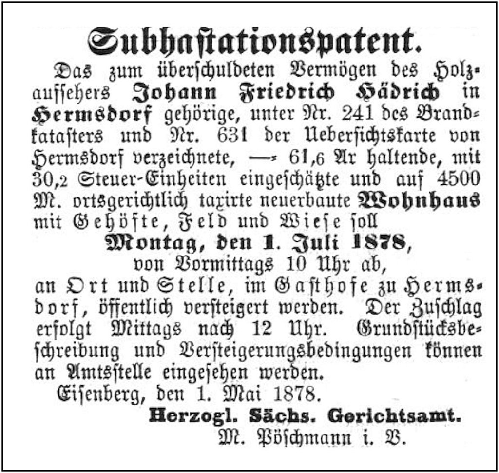 1878-05-01 Hdf Versteigerung Haedrich